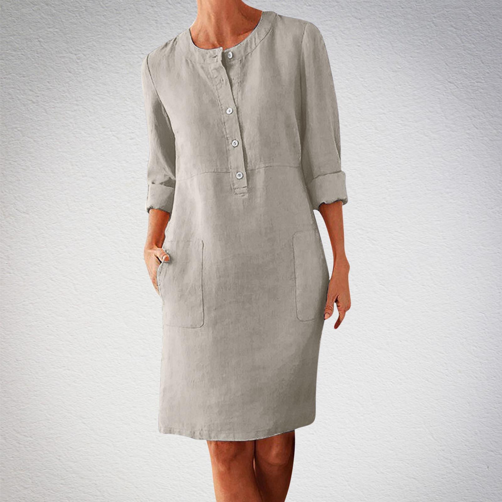 

Женское платье большого размера из хлопка и льна с круглым вырезом и длинными рукавами 5XL светло-серый