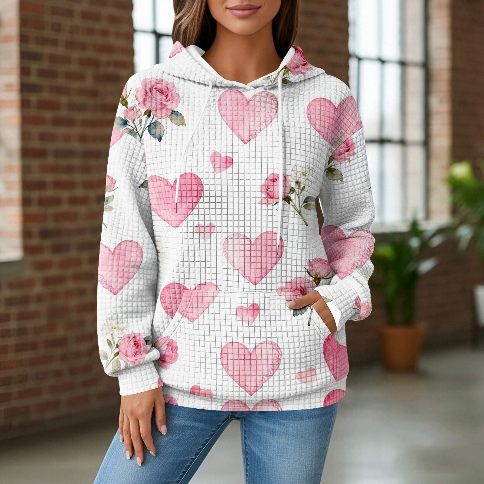 Женский вязаный худи Лонгслив с карманом Повседневный свободный Подходящий свитшот для ежедневной носкина улице S белый 1950₽