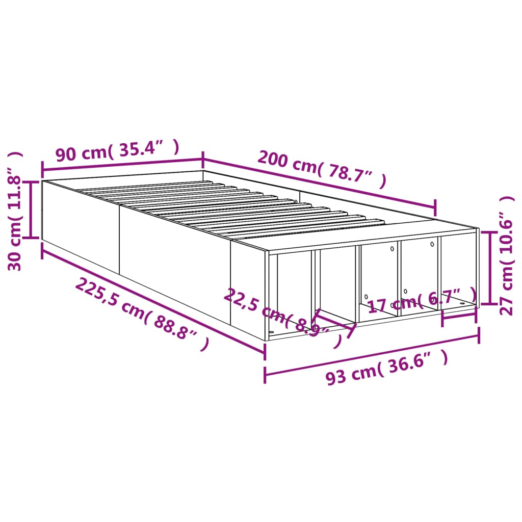 Brown Oak Effect Bed Frame 90 X 200 Cm Particleboard