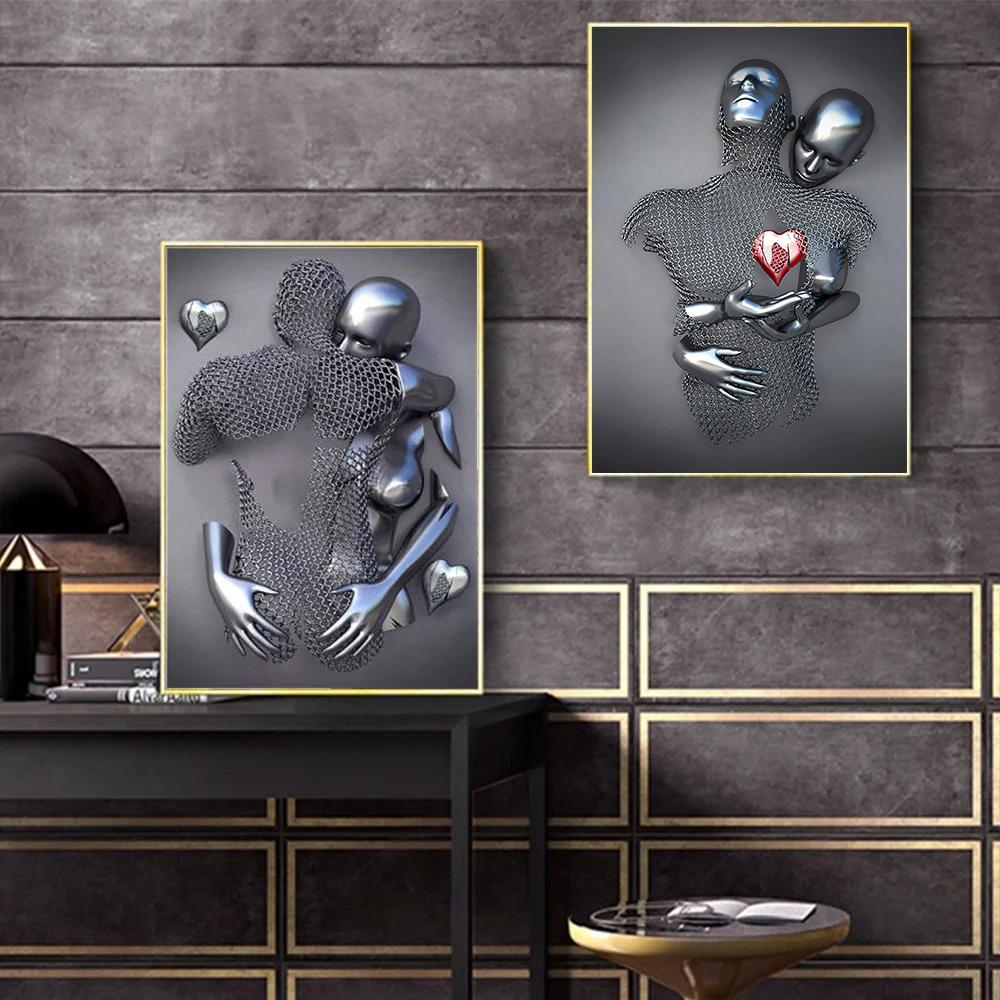 Metal Figure Statue Art Poster High Definition Printing Canvas Painting Prints Couple Sculpture Living Room Home Decor Picture