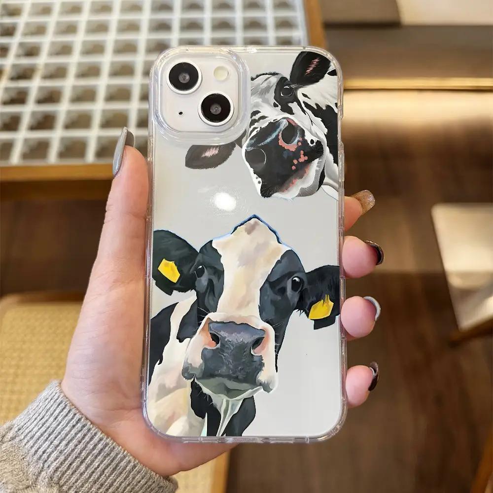 Cute cow transparent phone case suitable for iPhone 17 16 15 14 13 12 11 Pro/Max/Plus anti drop and shockproof back cover