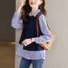 New Blue Stripe Splicing Fake Two Piece Shirt for Women with a Casual Design Long Sleeved Shirt Top