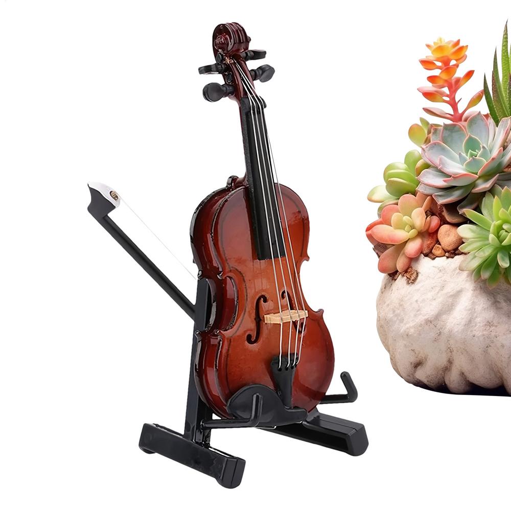 Wooden Miniature Violin With Stand Mini Violin Figurine Miniature Model With Stand Collectible Wooden Display Accessory Desk