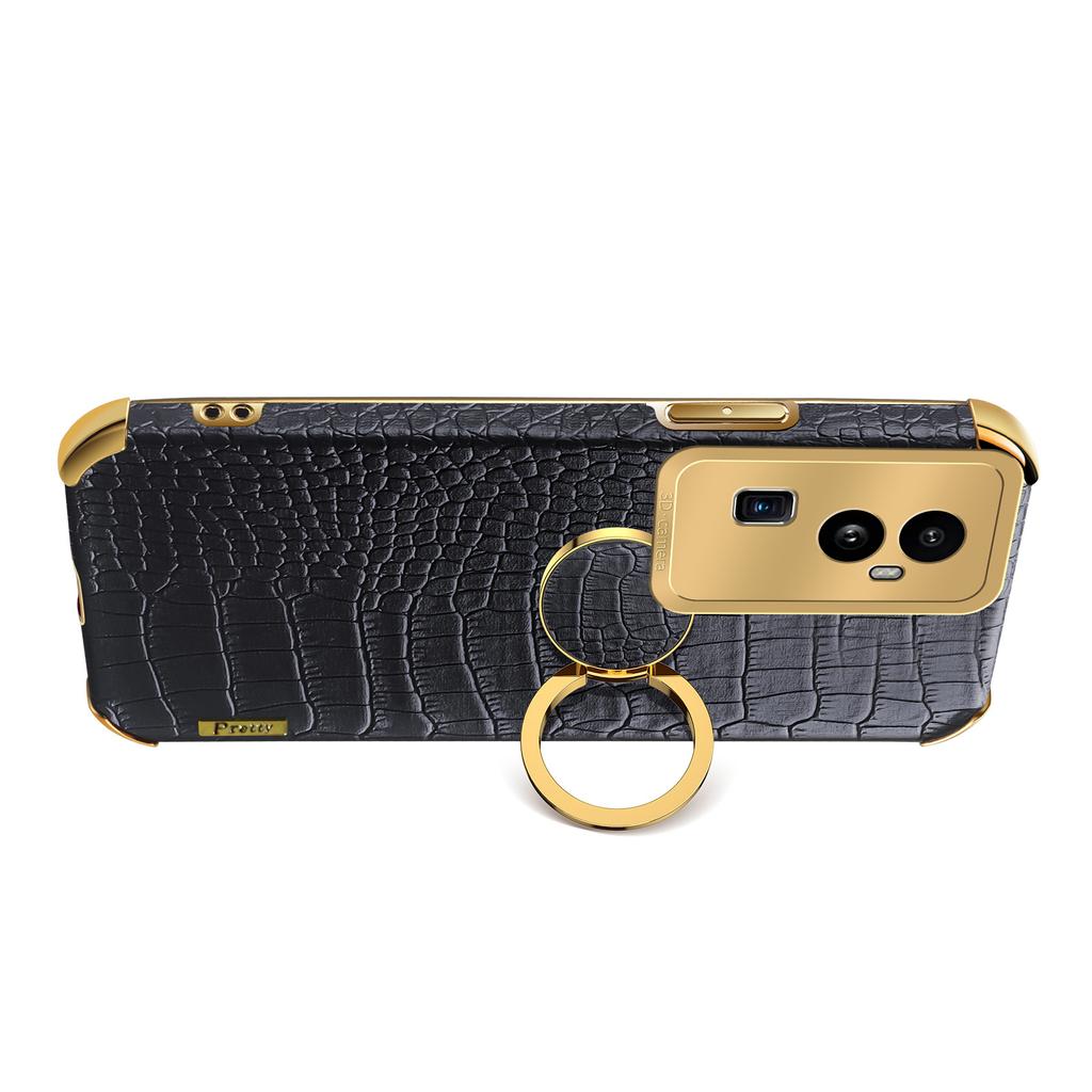For Oppo Reno10 Pro+ 5G Crocodile Texture Ring Kickstand Phone Case 6D Electroplated Leather+TPU Cover