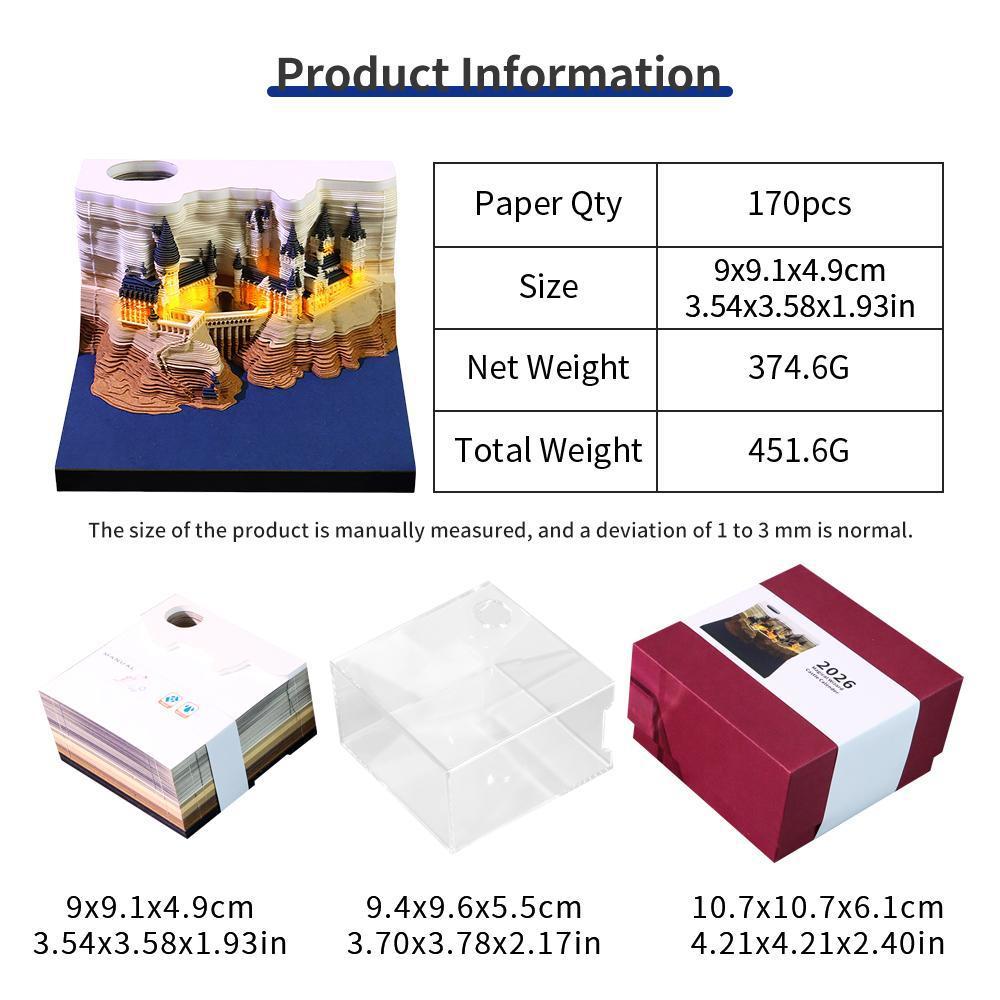 Household Office Magic Castle Weekly Calendar with LED Lights 3D Paper Craft Notepad Desktop Decoration Delicate Paper Ornament