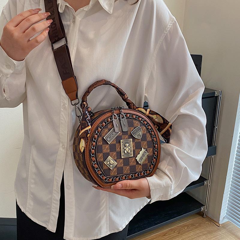 High-end Fashion Women's Small Round Bag, New Retro Printed Handbag, Casual Versatile Single Shoulder Oblique Span Bag