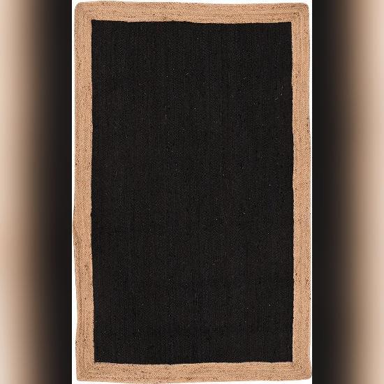 Aizza Trends Indian Handmade Braided Inner Black Natural Jute Area Rug- Jute Rug- Dining Room- Living Room