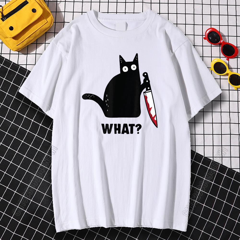 Cat What T Shirt Murderous Cat With Knife Funny Halloween Gift Cotton High Quality Men's Oversized Novelty T-Shirt Women Tee
