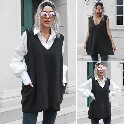 Autumn Winter Pocket Big Swing V-neck Long Vest Sweater Women Loose Vest Outside Wear Sweater Inside