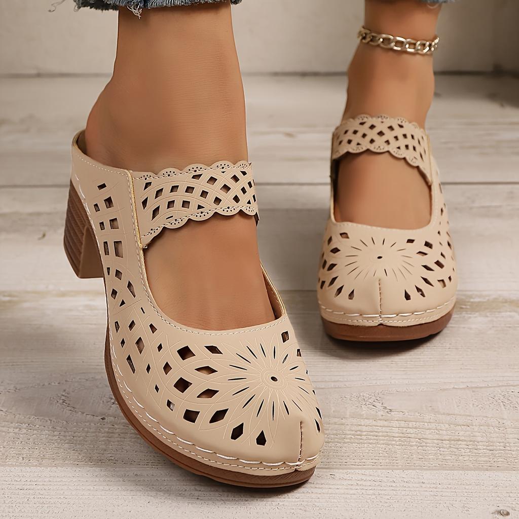 Summer Women's High-heeled Sandals,Elegant Retro Hollow Out Breathable, European and American Style Round Toe Thick Heel Sandals