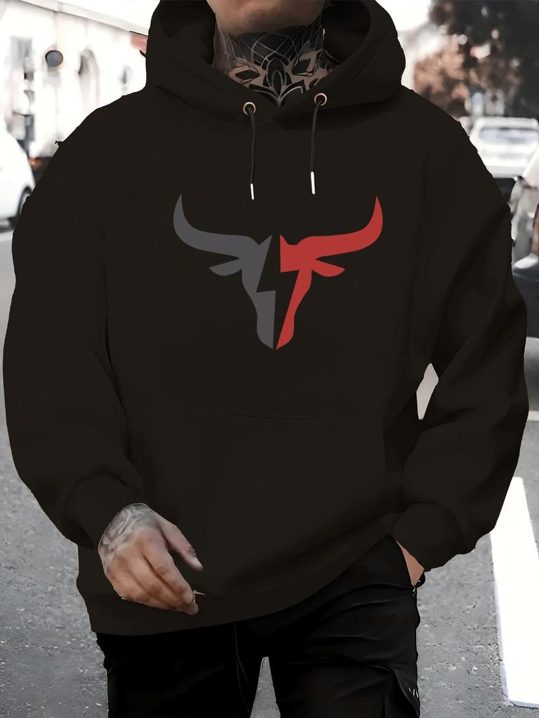 Men's Polyester Casual Hoodie Graphic Print Slight Stretch Knit Fabric Hooded Collar Regular Fit Pullover Sweatshirt