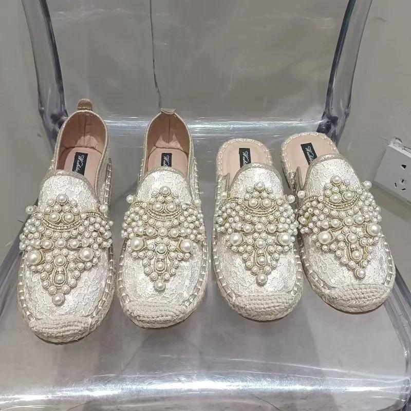 Mode 2025 Neue String-Perlen Halbschuhe Frühling Pantoletten Damen Schuhe Perle Hanf Damen Baumwollstoff Spitze Schuhe