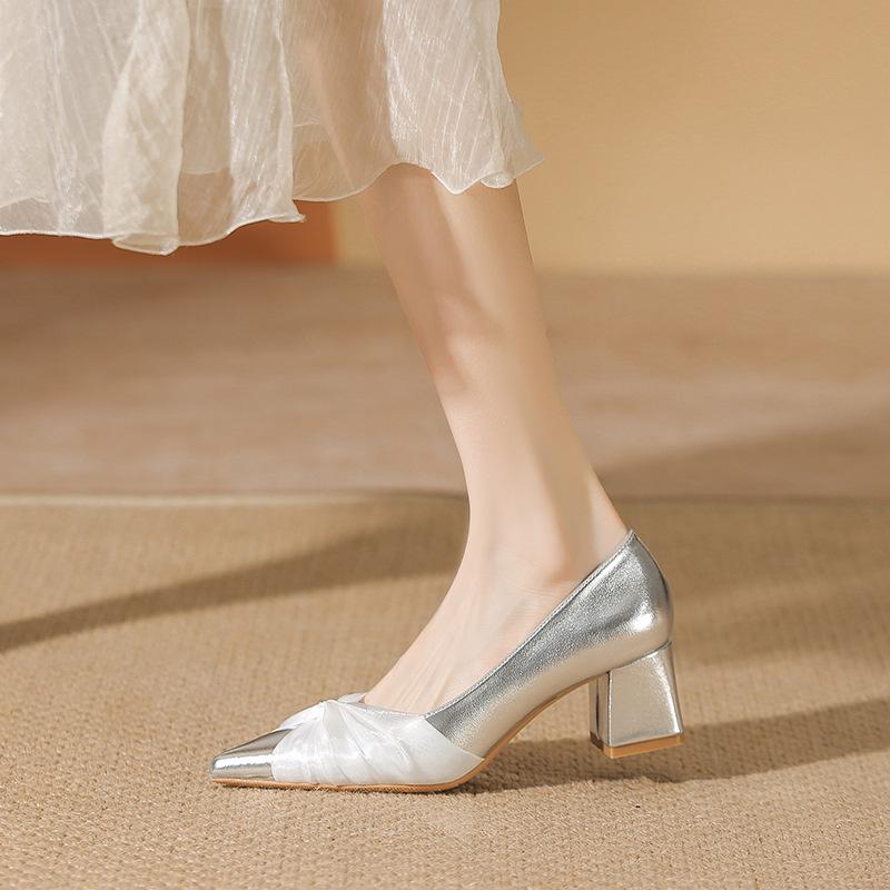 Beautiful High Heels New Silver Pointed Head Light Mouth Thick Heel with Skirt Single Shoes Women