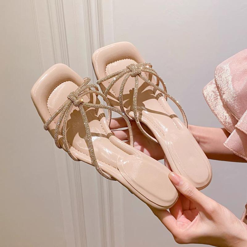 High-heeled sandals for women, new summer rhinestone slippers, worn outer, off-the-shelf stiletto heels, elegant and stunning nude high heels