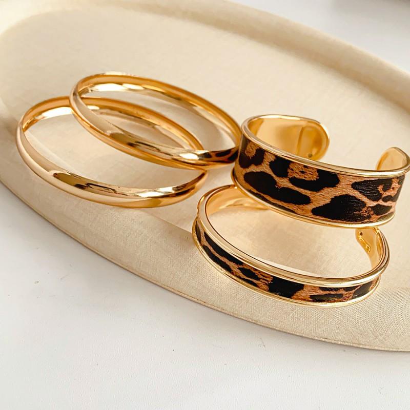 Gold Tone Geometric Leopard Print Layered Open Cuff Bracelet Minimalist Vintage Style Womens Fashion Jewelry