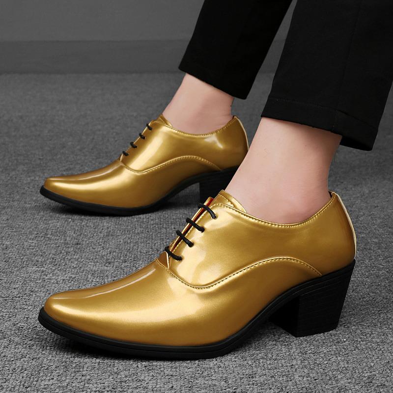 Classic Fashion Golden Men's Dress Shoes Big Size 46 Height-increasing High-heel Shoes Men Ponited Toe Luxury Man Wedding Shoes