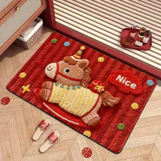 2026 Cartoon Horse Rug Year of The Horse Red Floor Mat Non-Slip Absorbent Entrance Rug Cute Horse Doormat for Bathroom Bedroom New Year Decoration