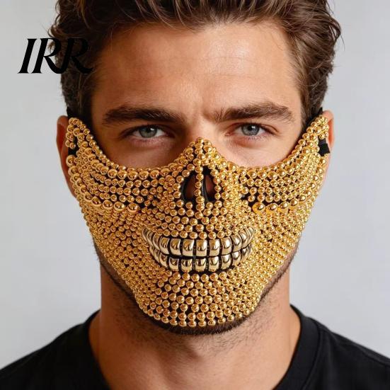 Diamond Skull Half Mask Halloween Face Mask, Rhinestone Punk Knight Masquerade Prop Resistant Bending Skeleton with Adjustable Straps, Lightweight