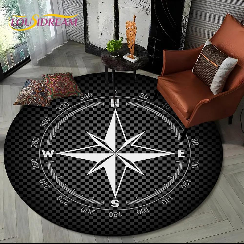 3D Retro Kompass Serie Kreis Teppich,Runder Teppich für Wohnzimmer Schlafzimmer Sofa Fußmatte Dekor Rutschfeste Bodenmatte Geschenk
