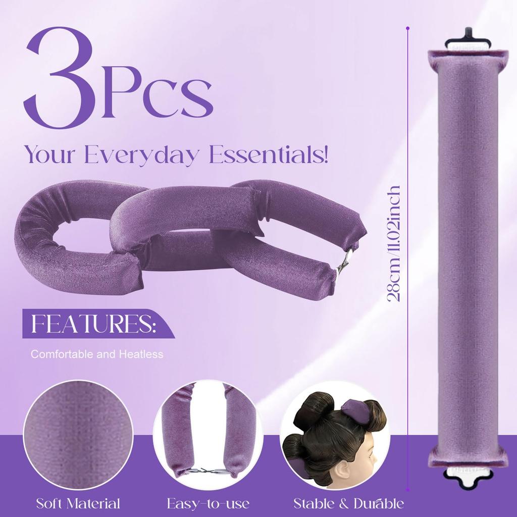 TecoKart® 3 Pcs Purple Heatless Hair Curler for Women - Gentle Curling Rollers, Soft Headband for Natural Waves, Ideal Tool for Heat-Free Hair Styl