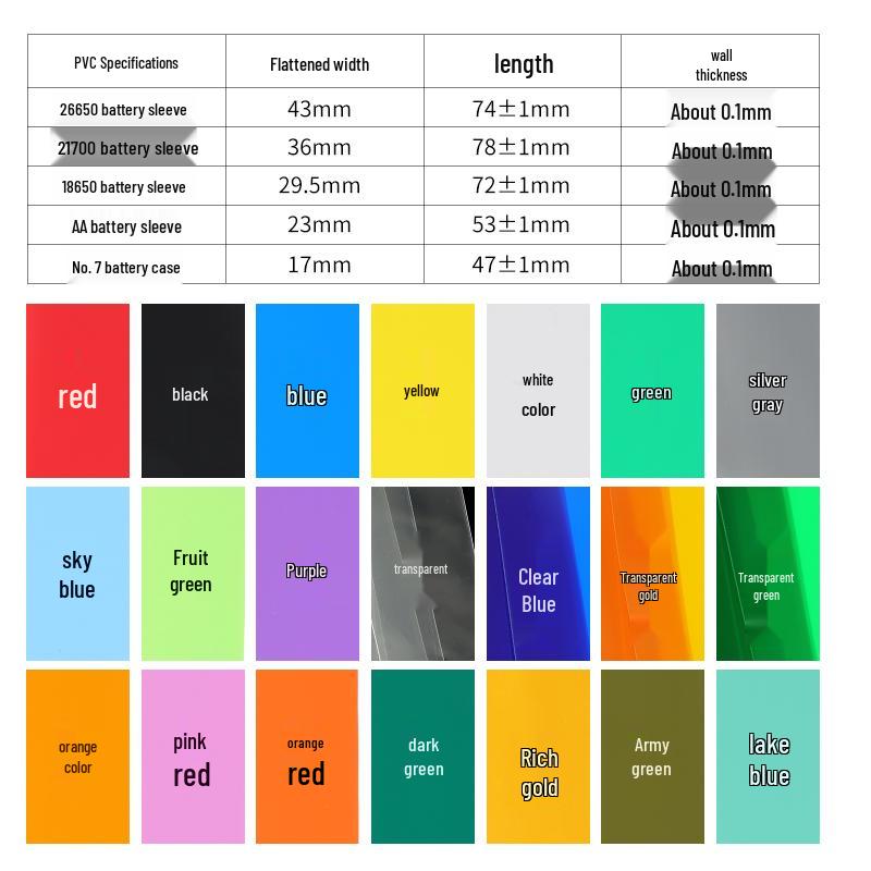 Multi-color PVC Heat Shrink Tube for 18650, 21700, 26650 Batteries - Protective Film Sleeve