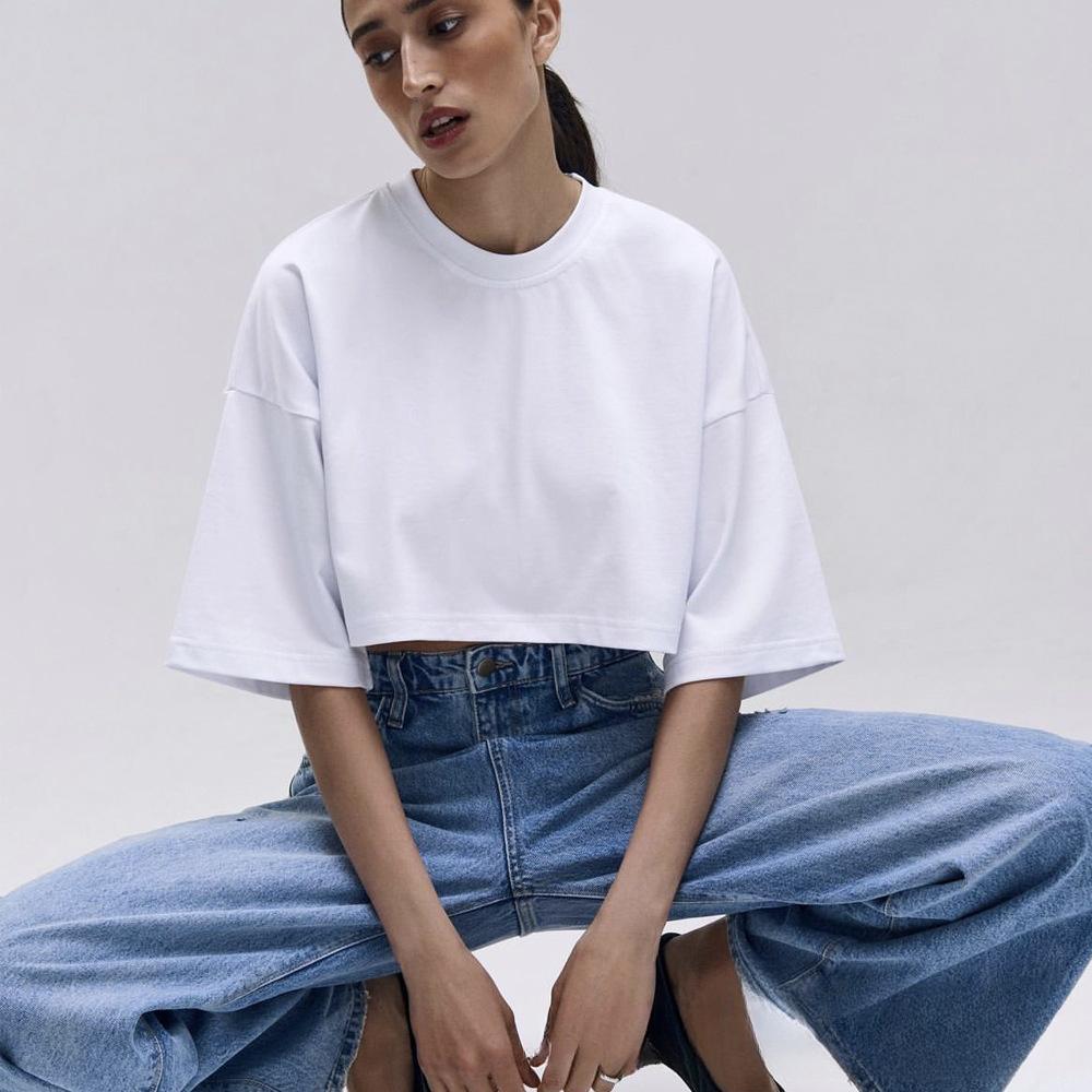 

Жіночі вільні укорочені футболки з коротким рукавом і круглим вирізом, вільні вкорочені топи, літні повсякденні базові жіночі футболки зі спущеними плечима L