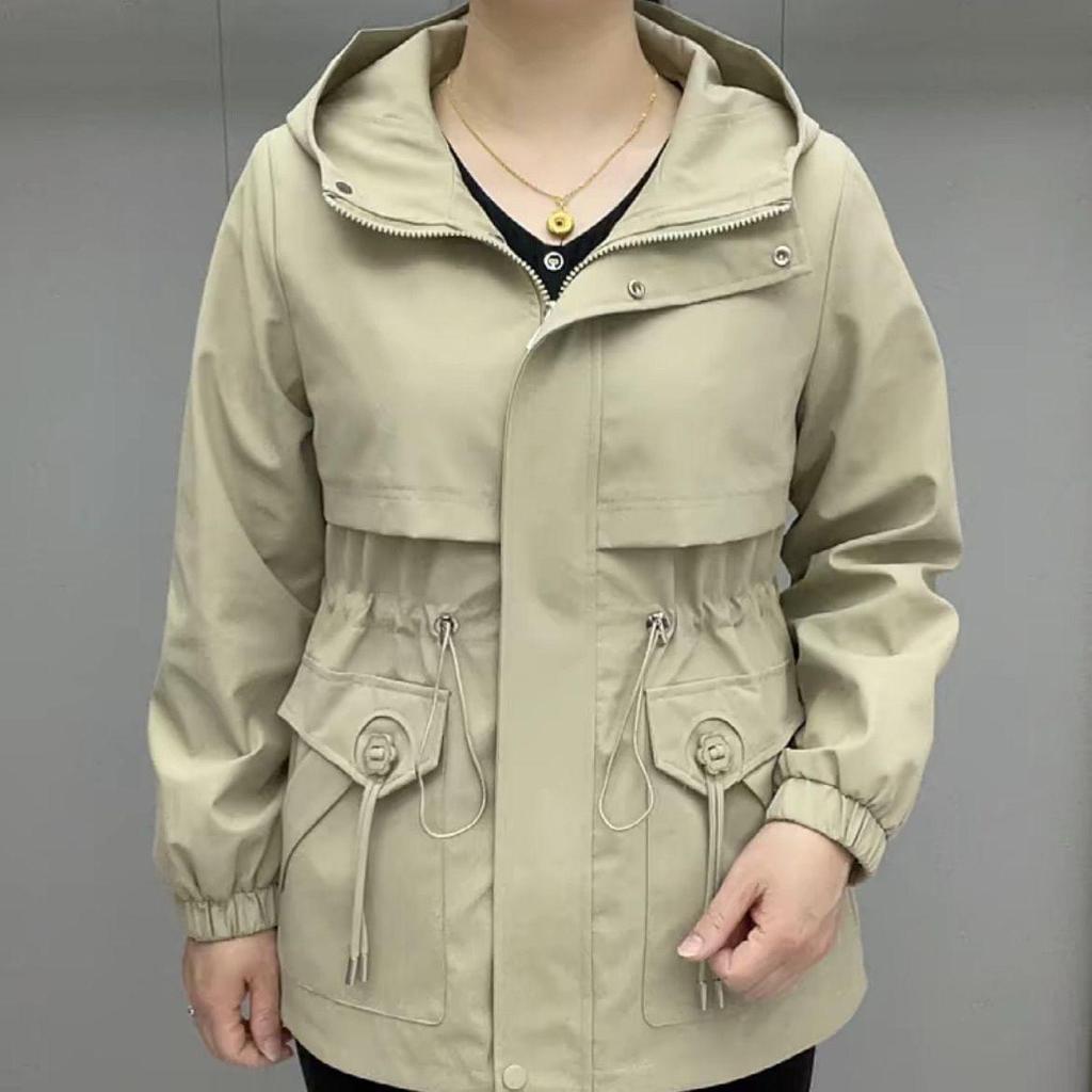 Neformální jarní/podzimní větrovka s kapucí pro střední věk a seniory - Středně dlouhá, volného střihu, módní spandexový design