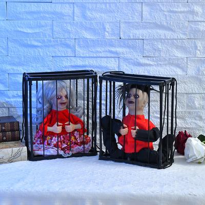 Halloween Decoration Prisoner Ghost In Cage Scary Skull Prop Electric Skeleton Toy Glowing Eye Sound Doll Hangable Talking Ghost