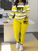 Women's Two-Piece Letter Print Striped Set: Casual Long-Sleeve T-Shirt & Sweatpants/Leggings