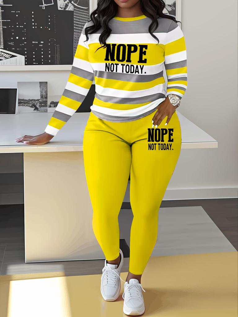 Women's Two-Piece Letter Print Striped Set: Casual Long-Sleeve T-Shirt & Sweatpants/Leggings