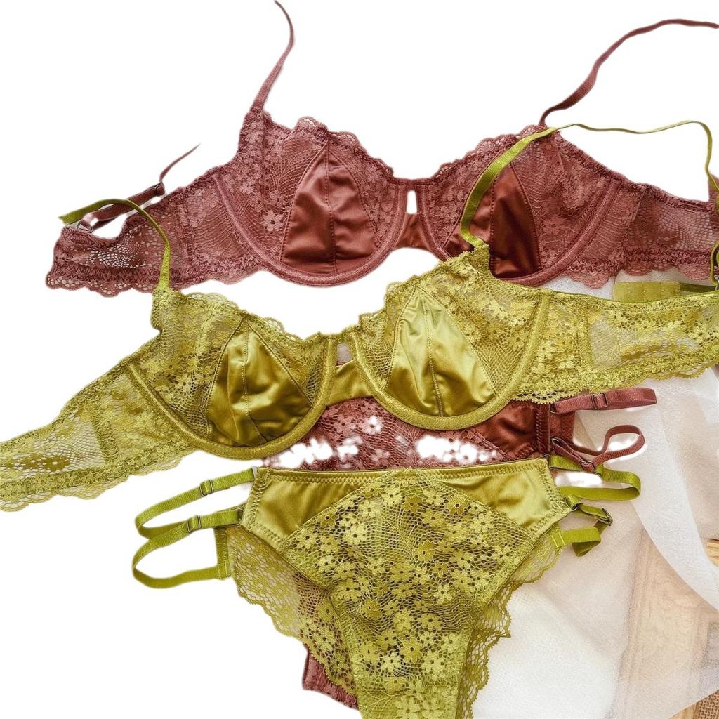 French Coquette Lace Soft Underwire Bra Set, Half Cup Push Up Back Beauty Small Bust Women Lingerie Set