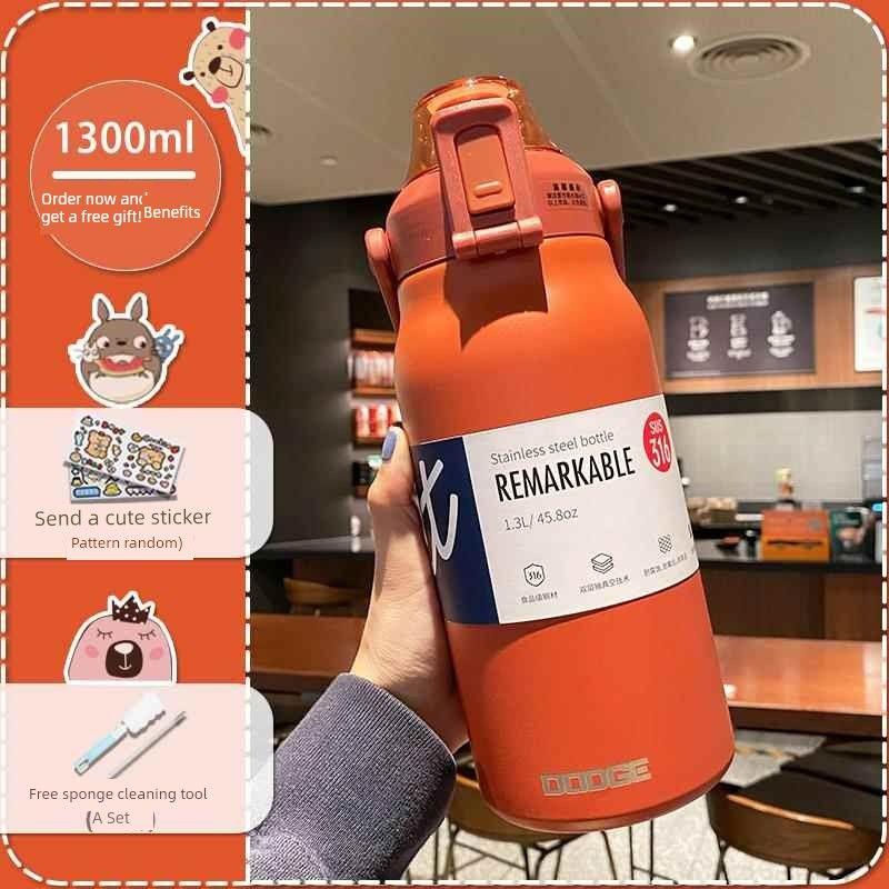 German-Style Large-Capacity Thermos Cup for Women, High Aesthetic Value, 316 Stainless Steel Straw Water Bottle, Large Capacity for Men and Women