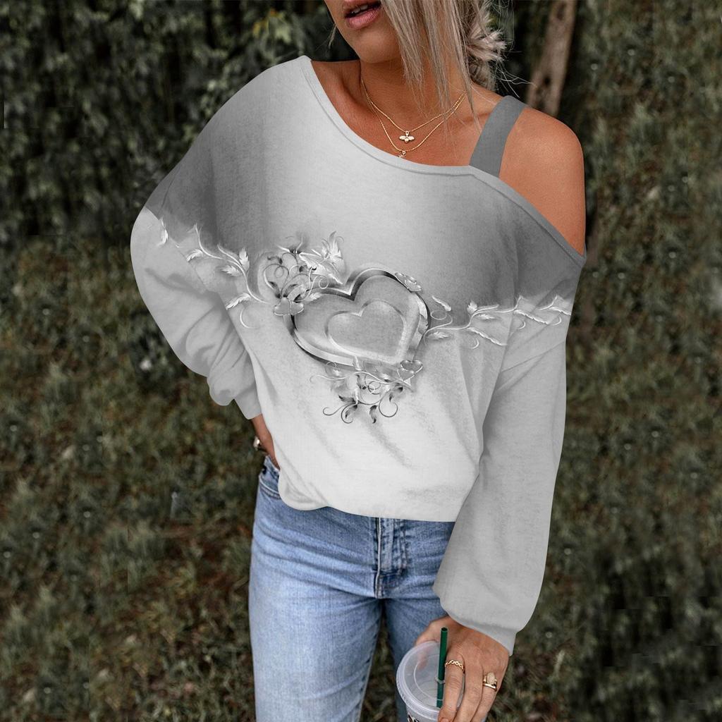 Women's Hollowed Out Fashionable Casual Floral Print Off Shoulder Hoodie Top