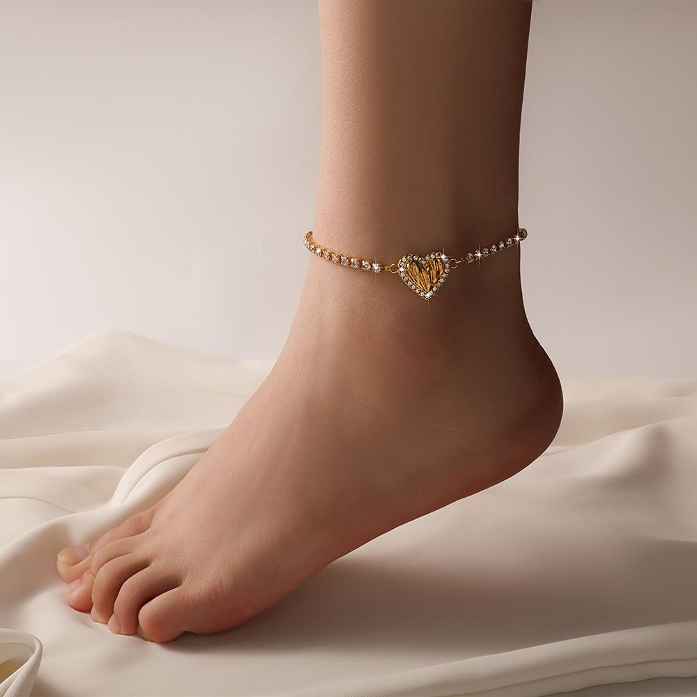 Sweet Rhinestone Heart Bracelet And Anklet Set Simple Versatile Fashion Jewelry For Women Couple Gift Hand Foot Accessories