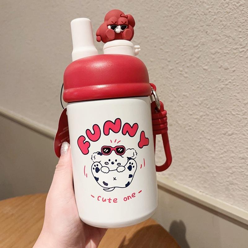 Thermos cup high value cartoon straw cup portable stainless steel student vacuum cup