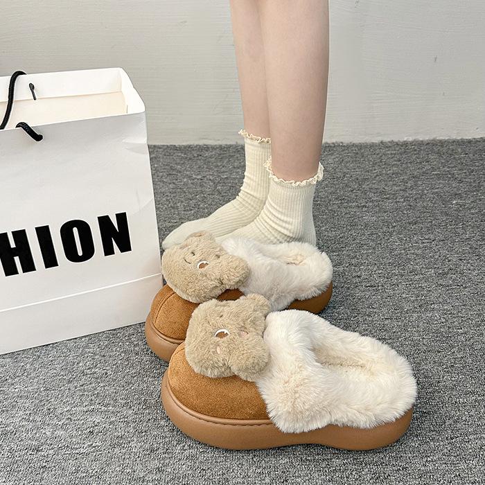 Women's Plush Slippers - Padded warm winter thick bottom heightened home slippers casual hiking indoor shoes snow cotton slippers