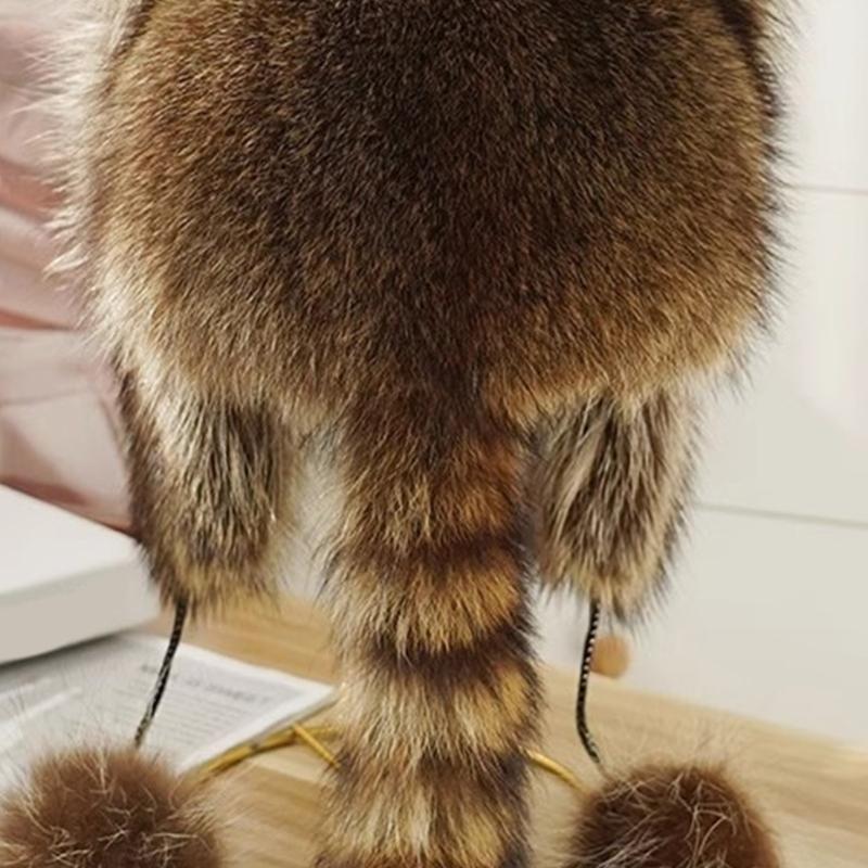 Furry Cartoon Raccoon Hat with Earflap Tail for Halloween Headwear Long Haired Hat Oversized Headgear Hat for Winter