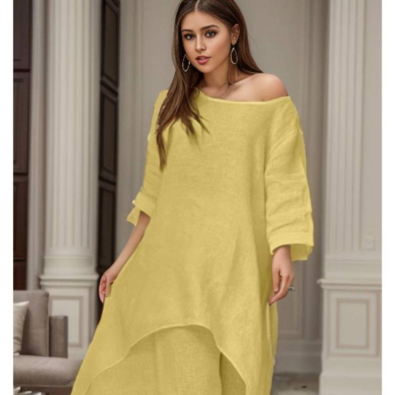 Women's Cotton Linen Long Pants Sets Fashion Solid Casual Irregular Tops Wide Leg Pant Suits Office Lady Two Piece Sets Clothes