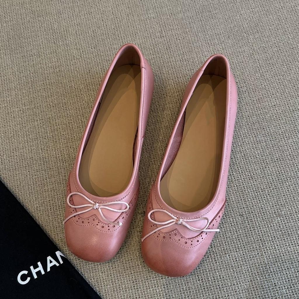 Cowhide Version~ Flat-bottomed Brock Engraved Bow Single Shoes Spring and Autumn Leather Round Head Mary Jane Shoes