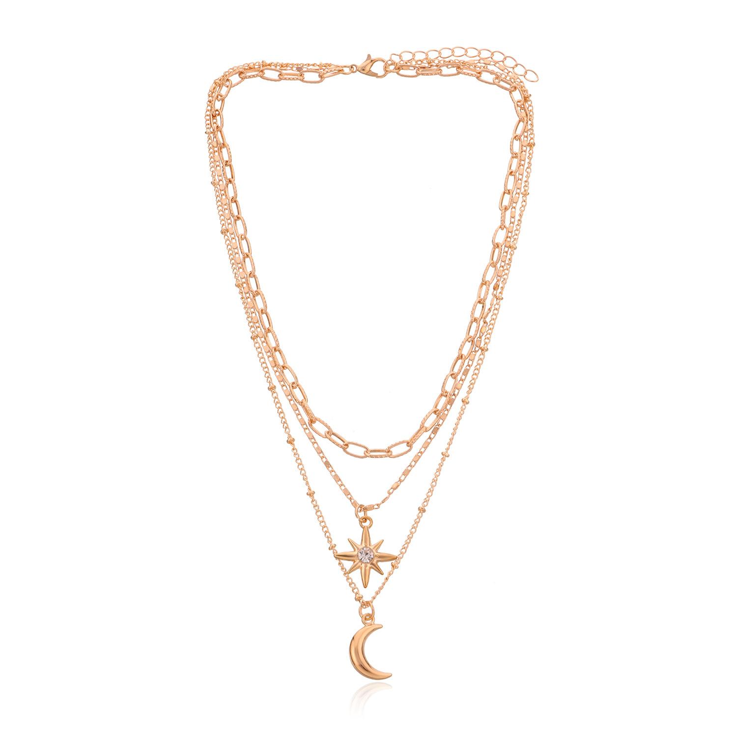 Fashion three-dimensional crescent moon pendant necklace, multi-layer temperament diamond-encrusted hexagram necklace