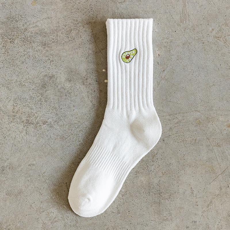 Men's Embroidered Avocado High-Top Cotton Sports Socks - Autumn/Winter Trendy, Breathable, Hip Hop Style.