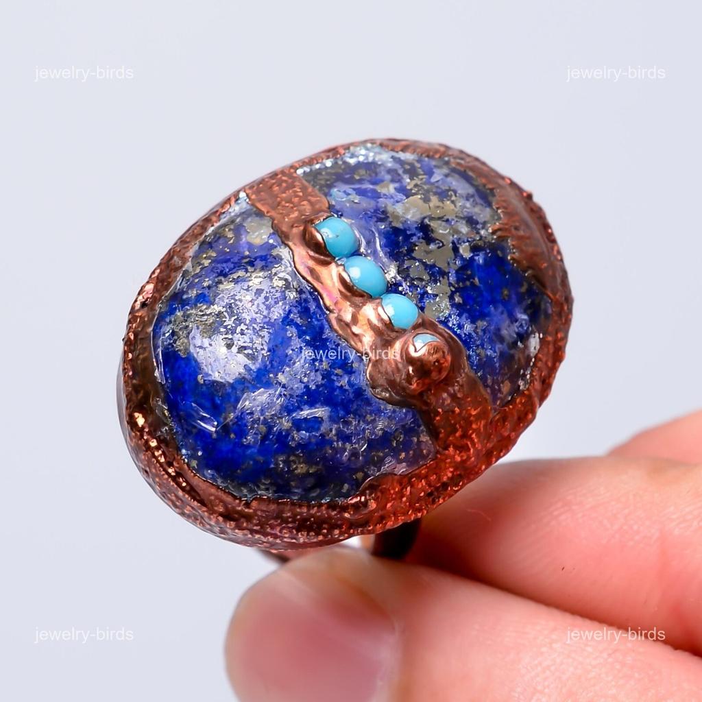 Oval Natural Lapis Lazuli Copper Electroformed Promise New Eternity Ring Jewelry V-54