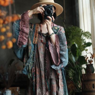 Retro Artystyczny Ręcznie Szyty Sweter Patchworkowy - Jasny Czysty, Mały