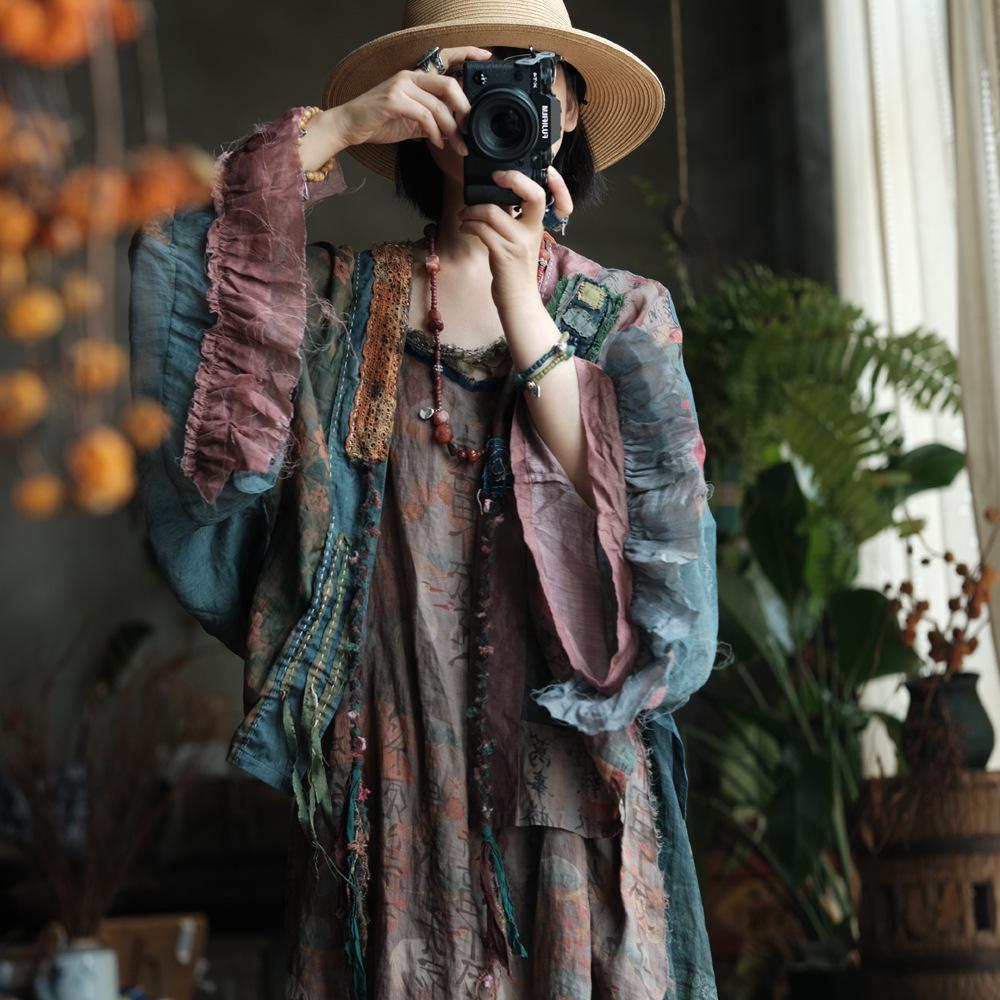 Retro Künstlerischer Handgestickter Patchwork-Strickjacke - Hell Klar, Klein