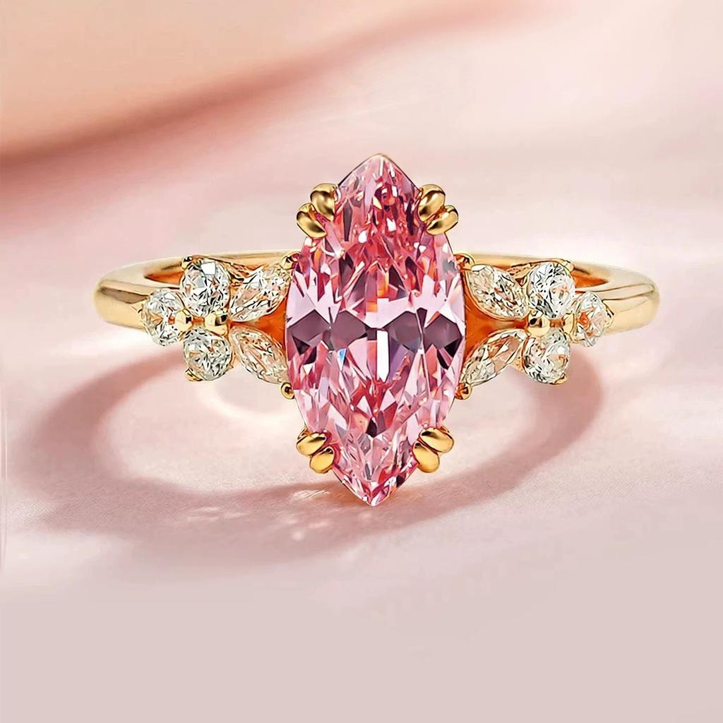 Light Luxury and High-end Paparascha Pink Ice Flower Cut Marquee Diamond Ring for Women, High Carbon Diamond Open Wedding Ring 2026