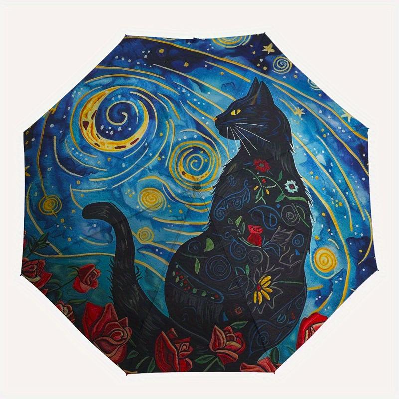 Starry Night Cat Round Rug - Celestial Floral CarpetUmbrella, Portable 3-Fold Compact Umbrella,Christmas Gift ES543