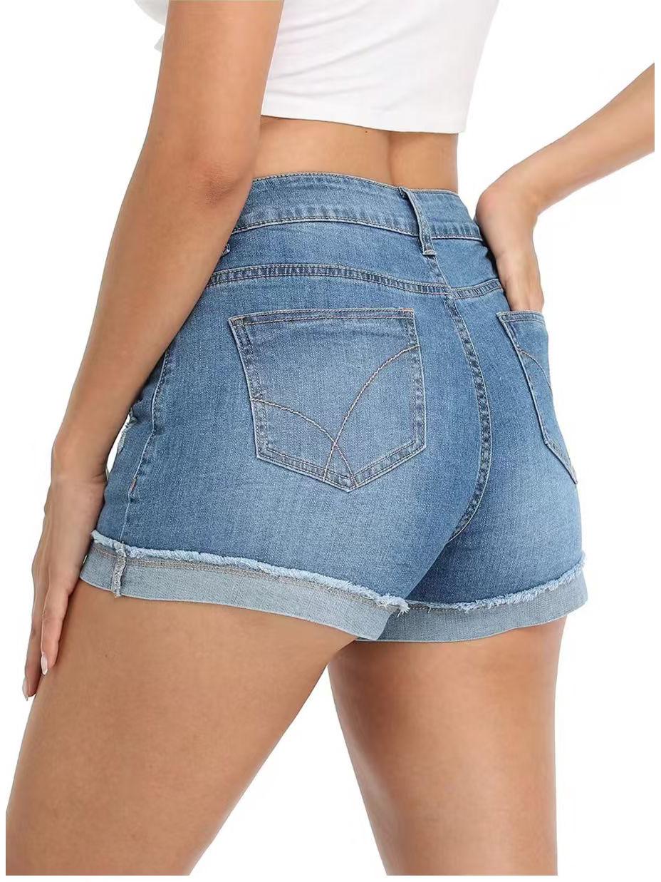 

Women s European & American Style Embroidered Ripped Denim Shorts with Cuffed Hem, Back Pocket Embroidery & Snowflake Wash XL небесно-голубой