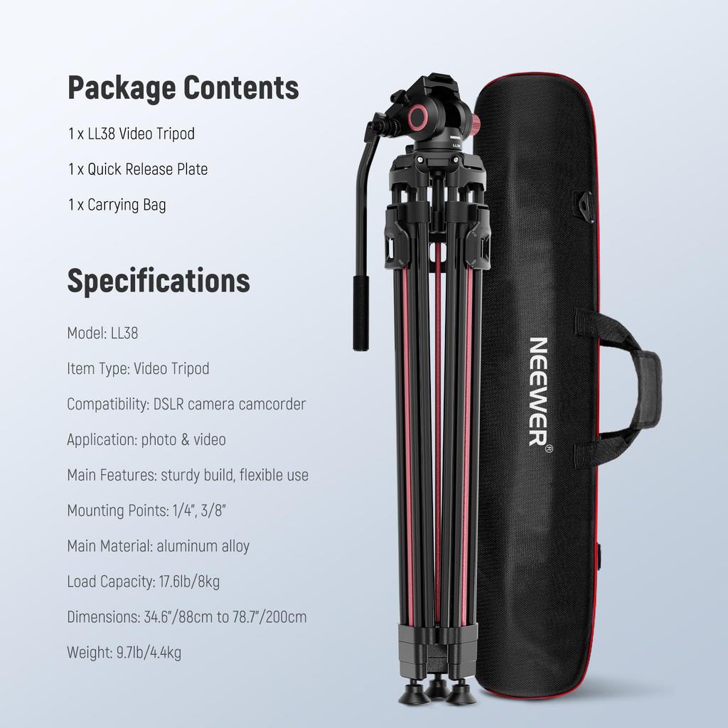 NEEWER 200cm Video Camera Tripod with Fluid Quick Release Tripod Travel Photography Tripod with QR Compatible with DSLRs and Maximum Load 8kg Tripod,