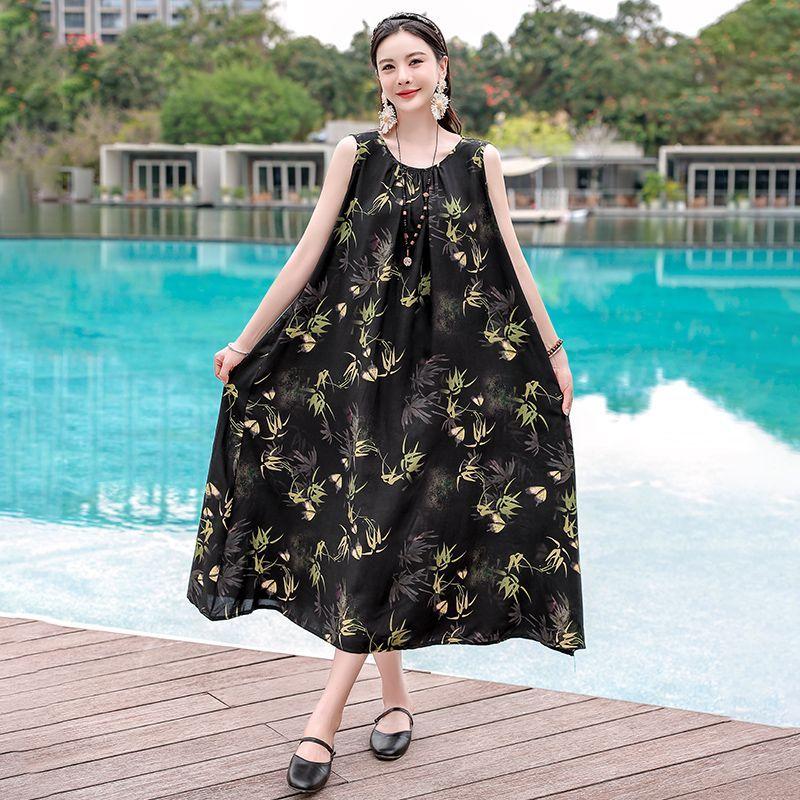 Sleeveless Cotton Dress Summer Loose Plus Size Slimming Vest Vacation Long Dress Elegant Beach