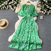 Vintage Elegant V Neck Split Print Short Sleeve Dress Chic Slim A Line Vestidos Summer Vacation Party Women Fashion Dresses